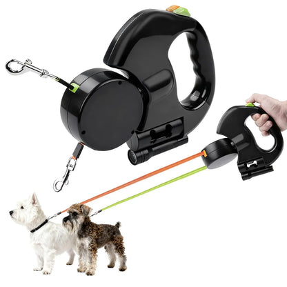 Dog Leash, Retractable Leash, Automatic Leash, Double Retractable Dog Leash, Dog Lead, Pet Leash, 1 Tow Rope, 2 Double Leashes with Flashlight and Pouch Dispenser