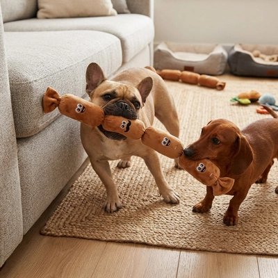 Deux totous tirent l’ un et l ́autre de chaque côté du Jouet pour chien​ 
