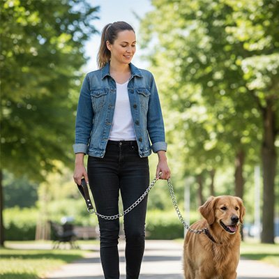 Femme Tennant son chien près d'elle avec la Laisse pour chien