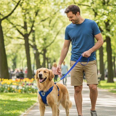 Harnais chien bleu en promenade avec maitre