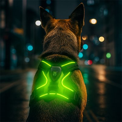 Harnais chien led vert chien loup de dos 
