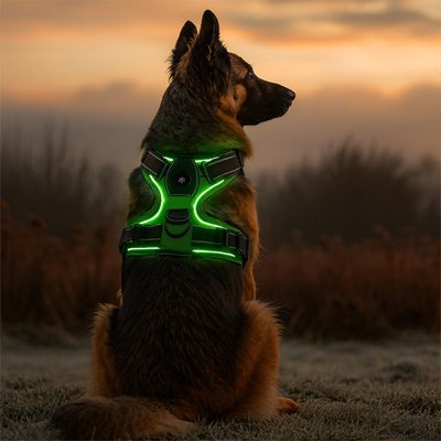 Harnais chien led vert sur chien loup
