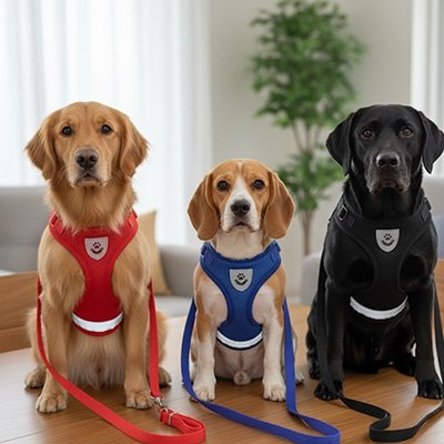 Harnais chien rouge sur golden bleu sur petit chien et noir sur labrador