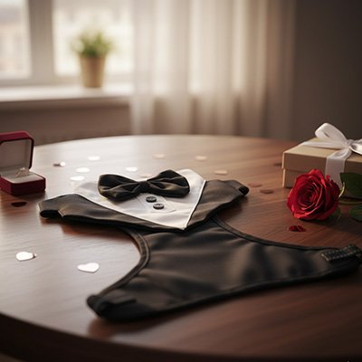 Harnais chien smoking noir sur une table 