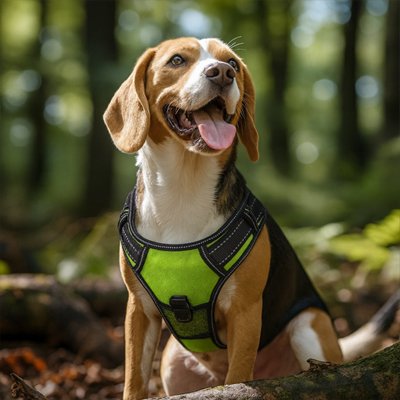 Harnais chien vu de devant couleur vert sur beagle 