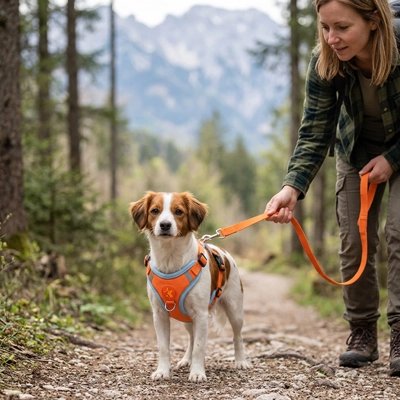 Harnais pour Chien orange porté par un chien et tenu en  laisse violette par maitre