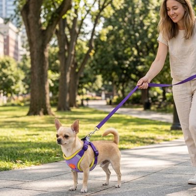 Harnais pour Chien porté par Chihuahua ténu en laisse lors de promenade avec maîtresse au parc 