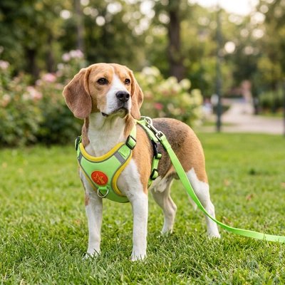 Harnais pour Chien sur pinscher debout sur herbe couleur vert