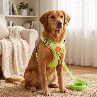 Harnais pour Chien vert porté  par toutou assis dans Salon attend de sortir 