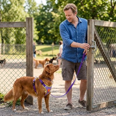 Harnais pour Chien violet seter l'irlandais rentre de promenade maître ouvre portail 