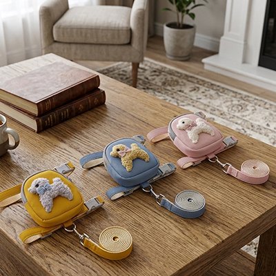 Harnais pour petit chien jaune bleu et rose exposé sur table