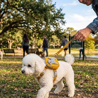Harnais pour petit chien jaune sur dos de caniche en promenade 
