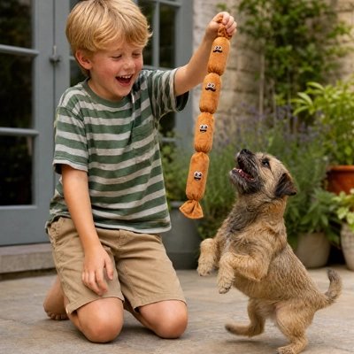 Jouet pour chien​ dans main d'un enfant et qui joue avec petit chiot 