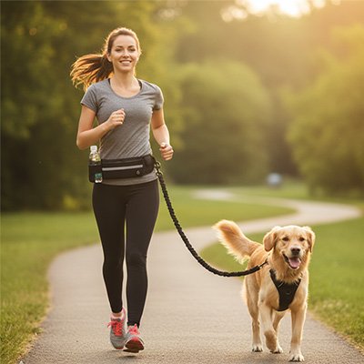Laisse canicross femme et chien a droite qui cour sur route
