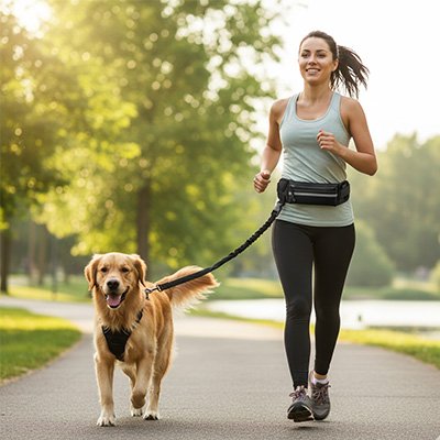 Laisse canicross femme qui cour avec chien sur gauche dans foret