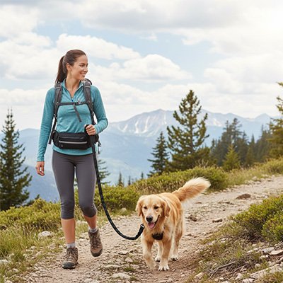 Laisse canicross porté par femme autour taille avec chien