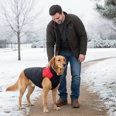 Manteau Chien rouge chien et maître à la neige 