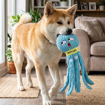 Peluche pour chien ,petite pieuvre bleu dans gueule de chien berger adulte
