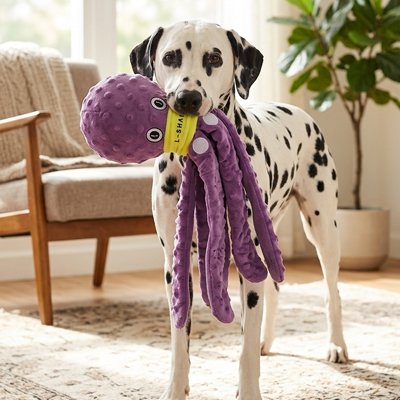 Peluche pour chien violet dans gueule d' un dalmatien noir et blanc