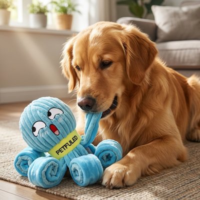 Petite pieuvre bleu en peluche pour chien entre patte de jeune golden retriever qui joue avec