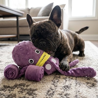 Petite pieuvre en peluche pour chien entre les pattes d' un petit bouledogue Français