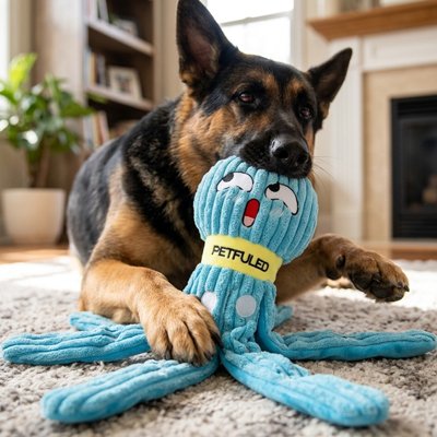 Pieuvre en peluche pour chien bleu dans gueule de berger allemand qui joue 