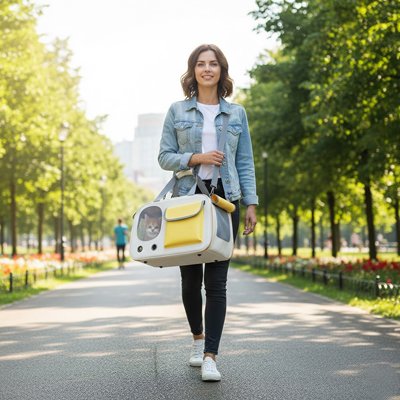 Sac de transport pour Chien porte par femme sur poigné marche sur route