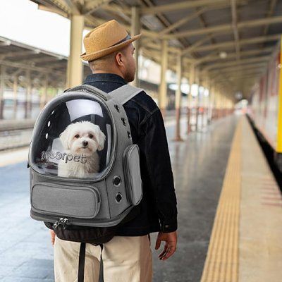 Sac transport Chien porté par homme sur dos chien visible presque entier par hublo