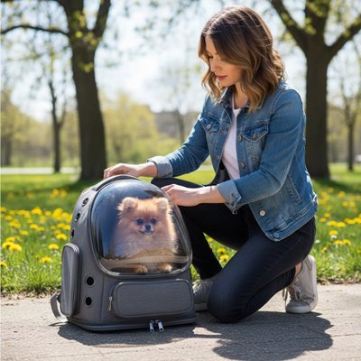 Sac transport Chien posé au sol spitz nain visible par hublo du sac